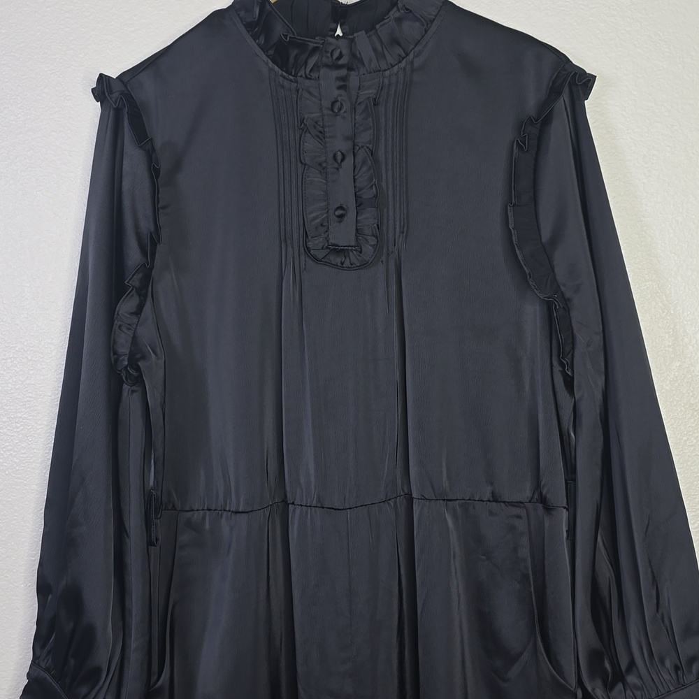 Disturbia Pintuck Rufflw Black Long Sleeve Ruffle- Jumpsuit Size 12 Belt Missing - Picture 6 of 13